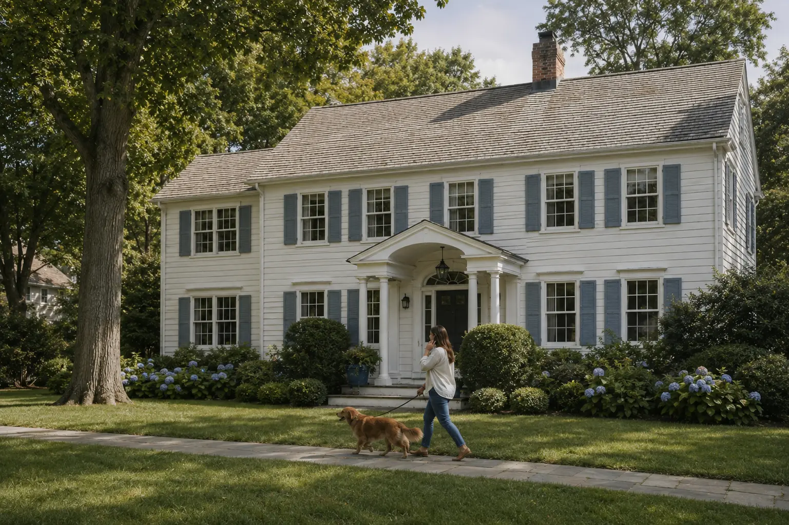 Woman walking her dog past a classic Connecticut home